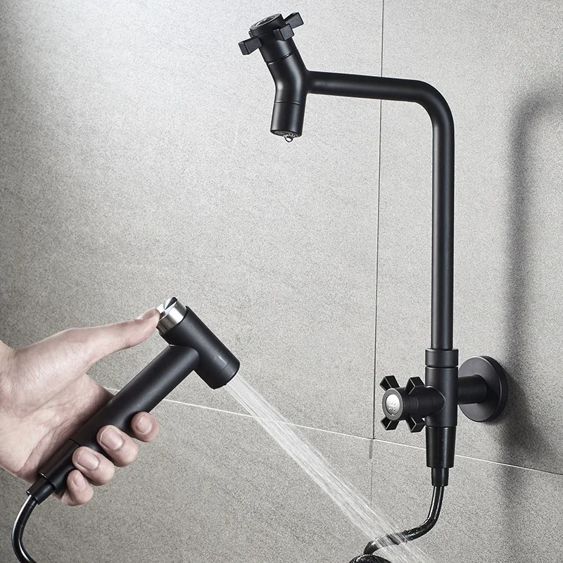 

Modern Black Decorative Outdoor Garden Faucet Bathroom Washing Machine Mop Taps with Spray Gun 304 Stainless Steel Single Cold