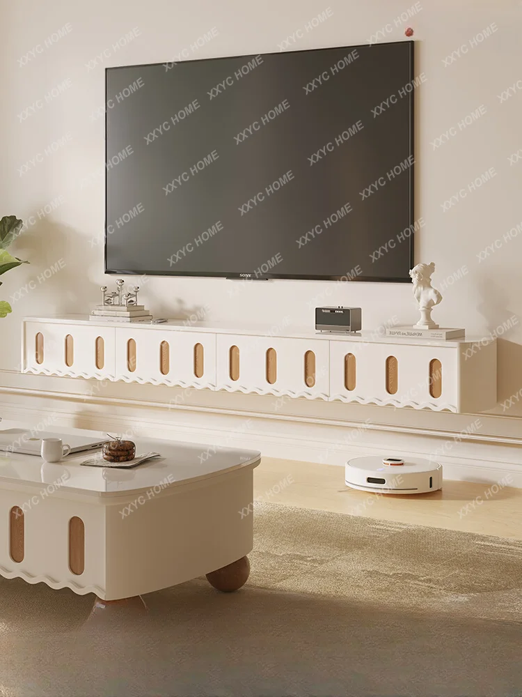 

French Cream Style Suspended TV Cabinet Living Room Solid Wood Floor Cabinet Small Apartment White Tea Table Combination Storage