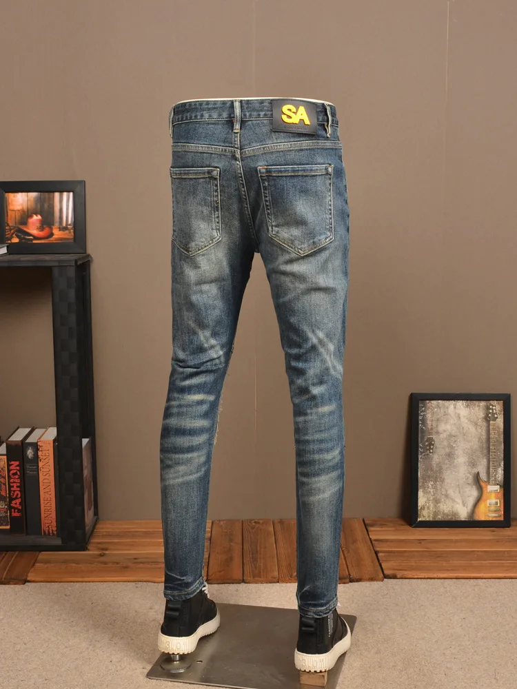Retro Make Old Ripped Jeans Men's Stitching Cool Smart Stretch Slim Fit Paste Cloth Embroidery Motorcycle Skinny Pants