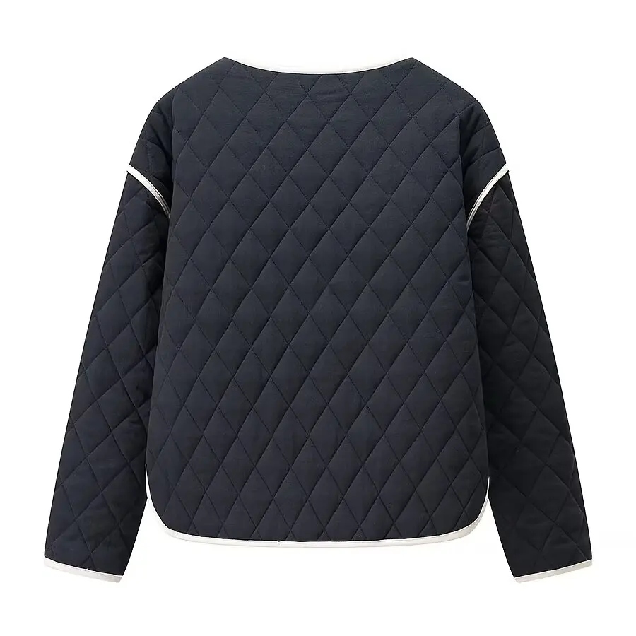 2025 Autumn Women's Casual Quilted Lightweight Jacket Fashion Round Neck Full Sleeve Button Striped Lining Loose Coat Outerwear