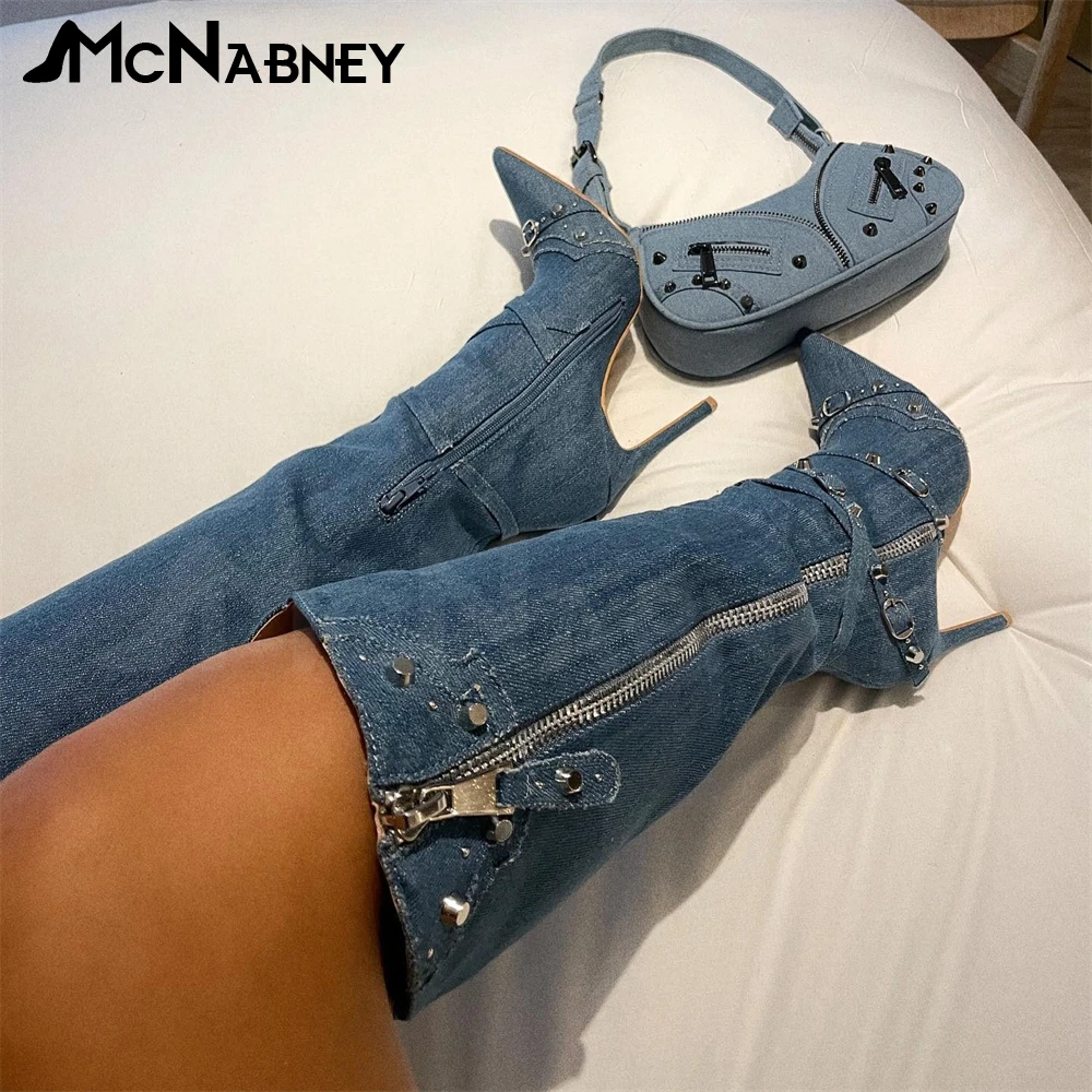 

Faux Crocodile Leather Boots Cross Straps Rivet Belt Buckle Boots Light Blue Denim Multi-Color Stiletto Pointed Toe Women Boots