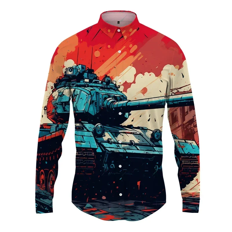 thumbnail image 1 of Camisa con estampado 3D de tanque para hombre y mujer, camisa informal de manga larga a la moda, ropa de calle con botones, ropa unisex de gran tamaño, 1 of 5