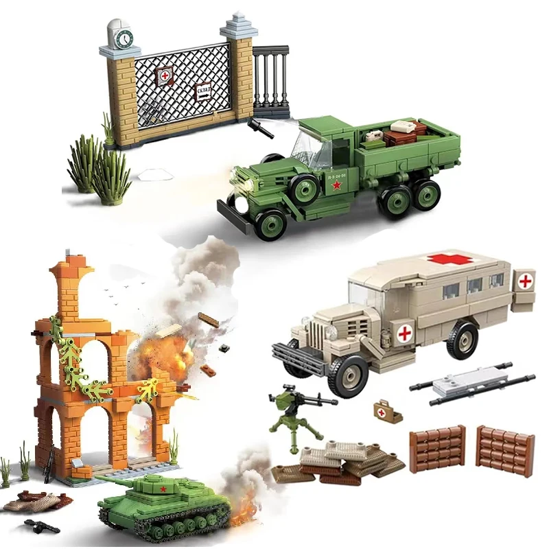 Второй мировой войны, военное оружие, советский стиль, грузовик, транспортное оборудование, строительные блоки, карта скорой помощи, танк, кирпичи, игрушки