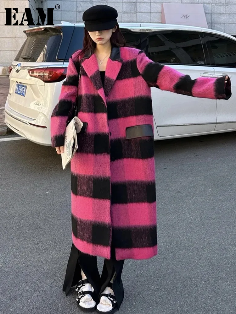 

[EAM] Loose Fit Plaid Big Size Long Thick Warm Woolen Coat Parkas New Long Sleeve Women Fashion Tide Autumn Winter 2023 1DF2426