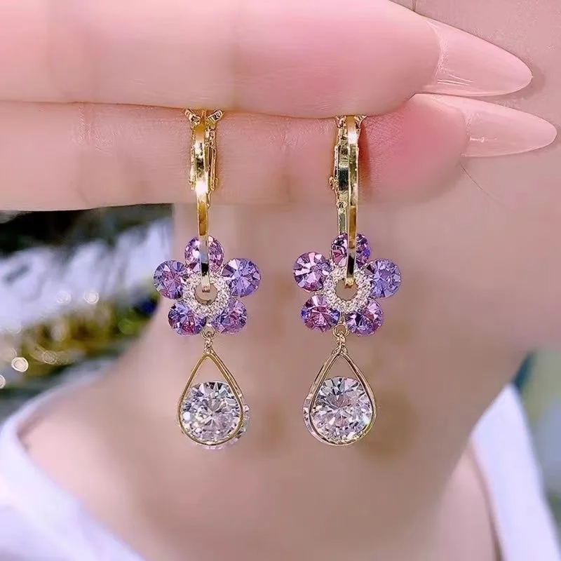 Nieuwe Paarse Kristallen Bloem Bengelen Oorbellen Voor Vrouwen Meisjes Glanzend Zirkoon Liefde Hart Waterdruppel Earring Bruiloft Luxe Sieraden