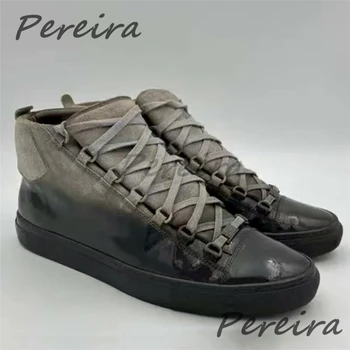 Street Style Men High-Top Sneakers Mixed Colors Genuine Leather Lace-Up Sports Shoes Outdoor Trendy Versatile Casual Board Shoes 1