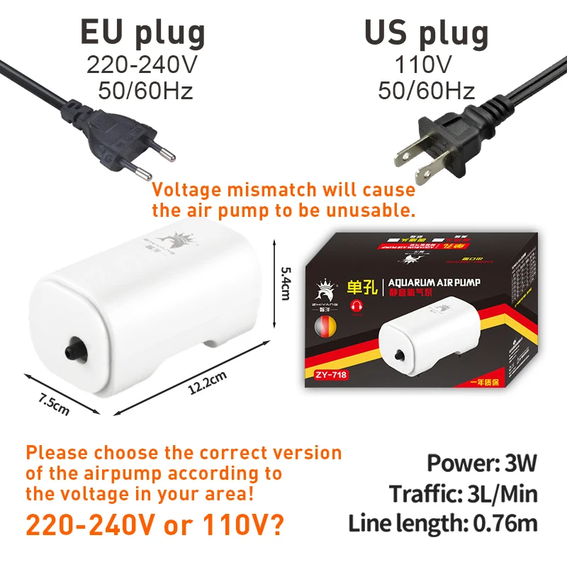 3W Silent Aquarium Air Pump Ultra Silent Fish Tank Air Compressor 220V-240V 110V Bubble Pump for Aquarium Oxygenation 6