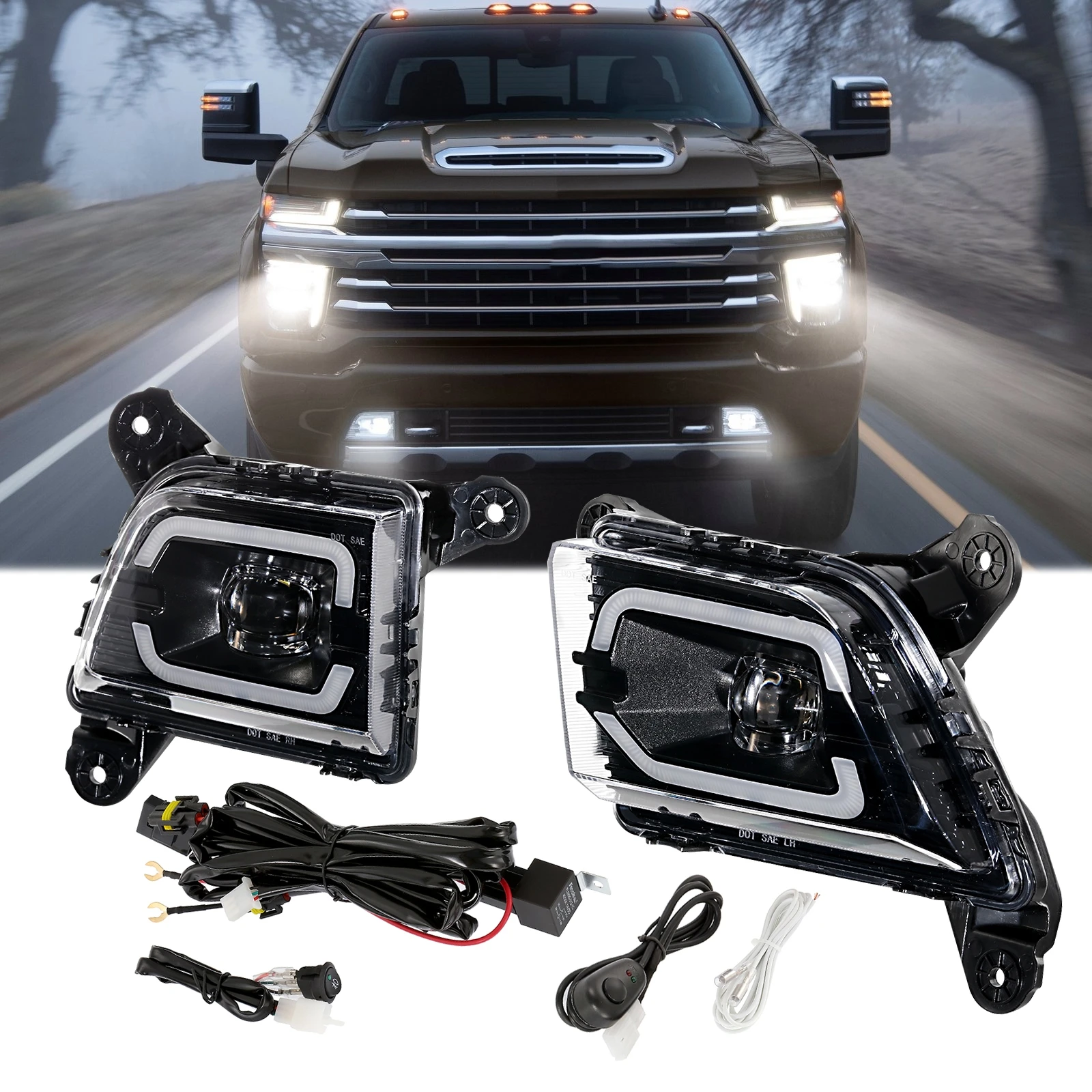 

For Chevy Silverado 1500 2019-2021 LED Fog Light with Daytime Running Lights DRL Driving Passing Fog Lamp w/ Wire Harness