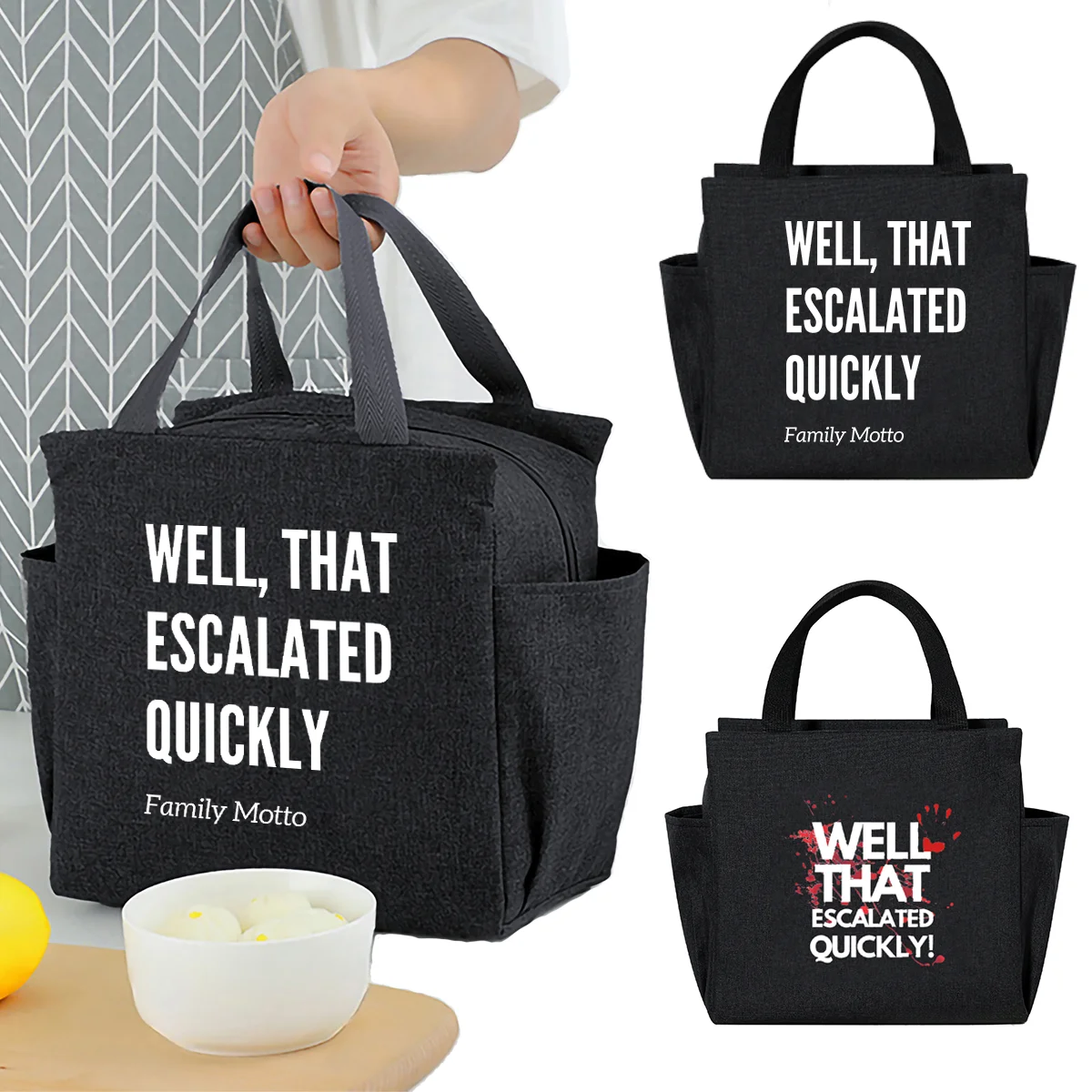 Word printed insulated lunch bag with built-in waterproof refrigerated ice bag and large capacity commuting storage bag