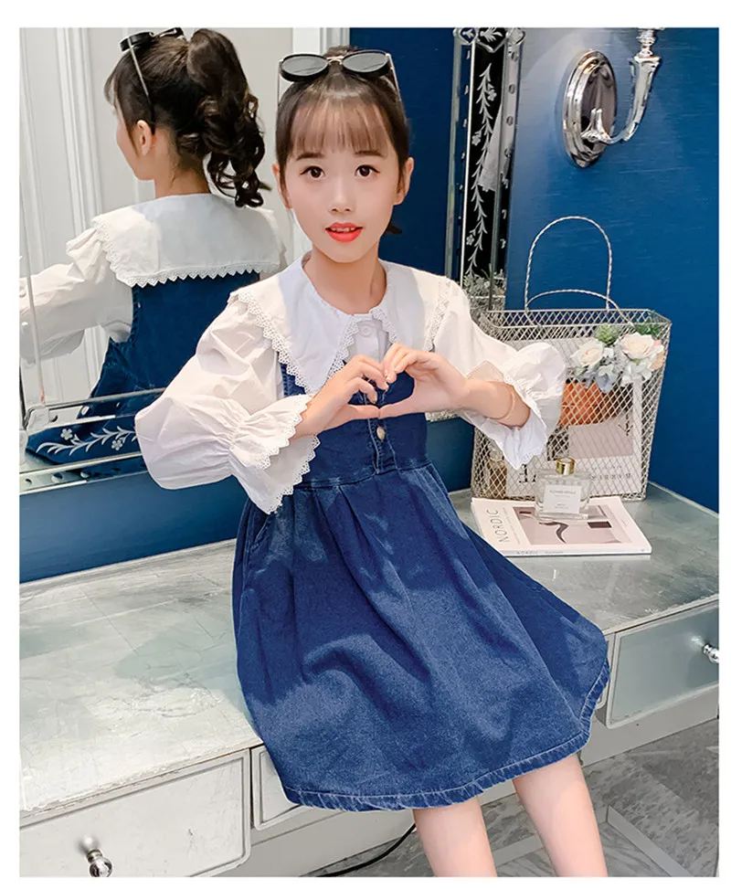 Girls dress suit spring and autumn girls white shirt denim suspender two-piece set Princess Dresses Children Girls Clothing Sets image_0