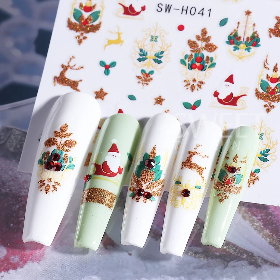 3pcs Cartoon Christmas Nail Stickers Glitter Gold Snowflake Reindeer Bell Snowman Bow Nail Slider Decals DIY Manicure Decoration