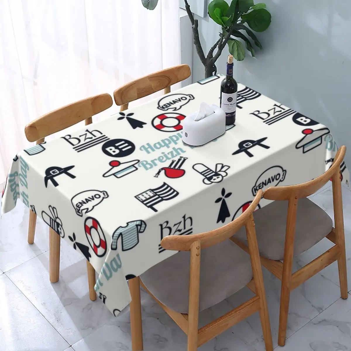 

Rectangular Waterproof Happy Breizh Day Table Cover Fitted Bretagne Brittany Table Cloth Backing Edge Tablecloth for Dining