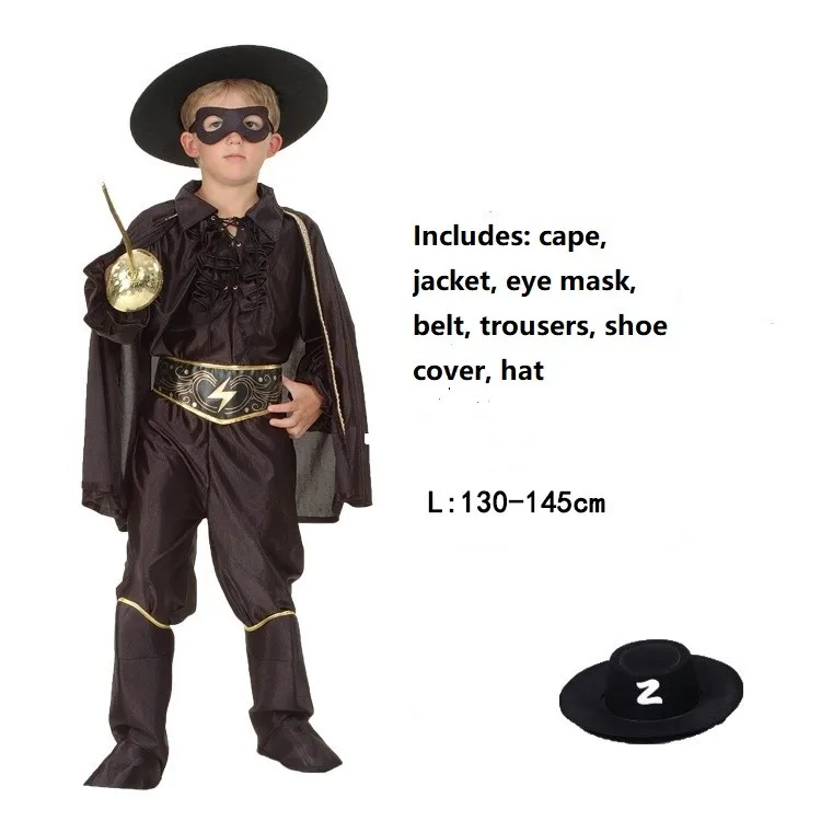 Children's Clothing Kids Halloween Mascot Zorro Cosplay Costume Cape  Jacket  Eye Mask Belt  Trousers Shoe Cover Hat