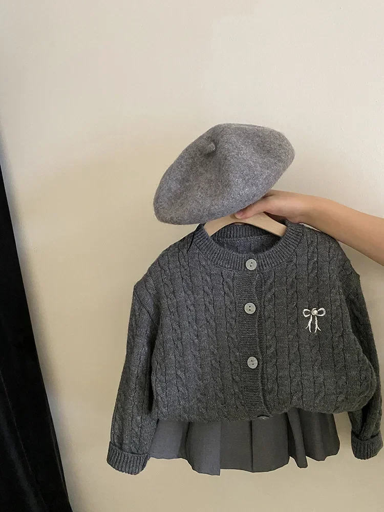 Kids Sweater Kids Coat Sweaters Girl Bow Knitting Cardigan Loose Coat Autumn Pleated Skirt Childrens Clothing Sweet Striped