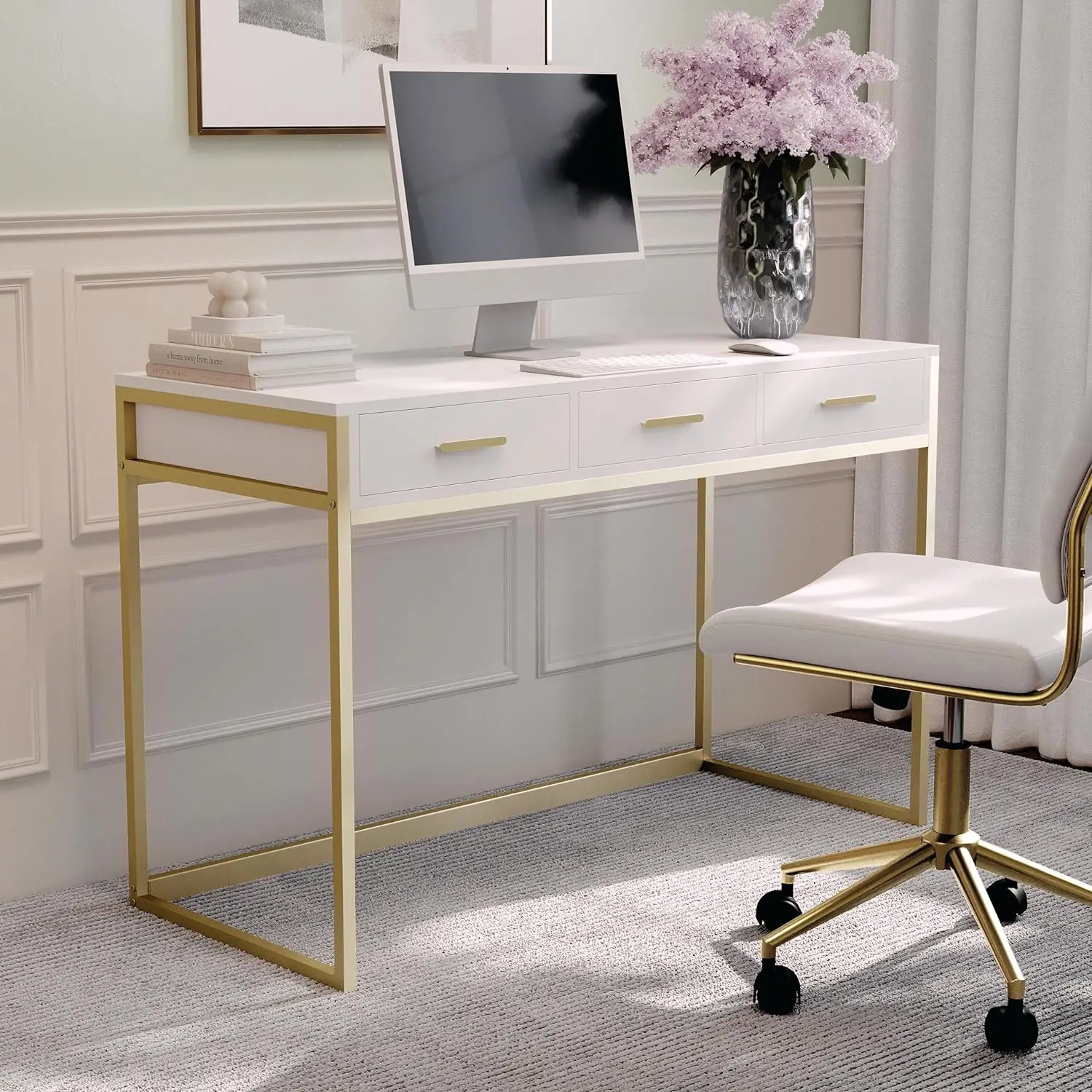 

Martha Stewart Ollie Home Office Desk with 3 Drawers in White with Polished Brass Hardware