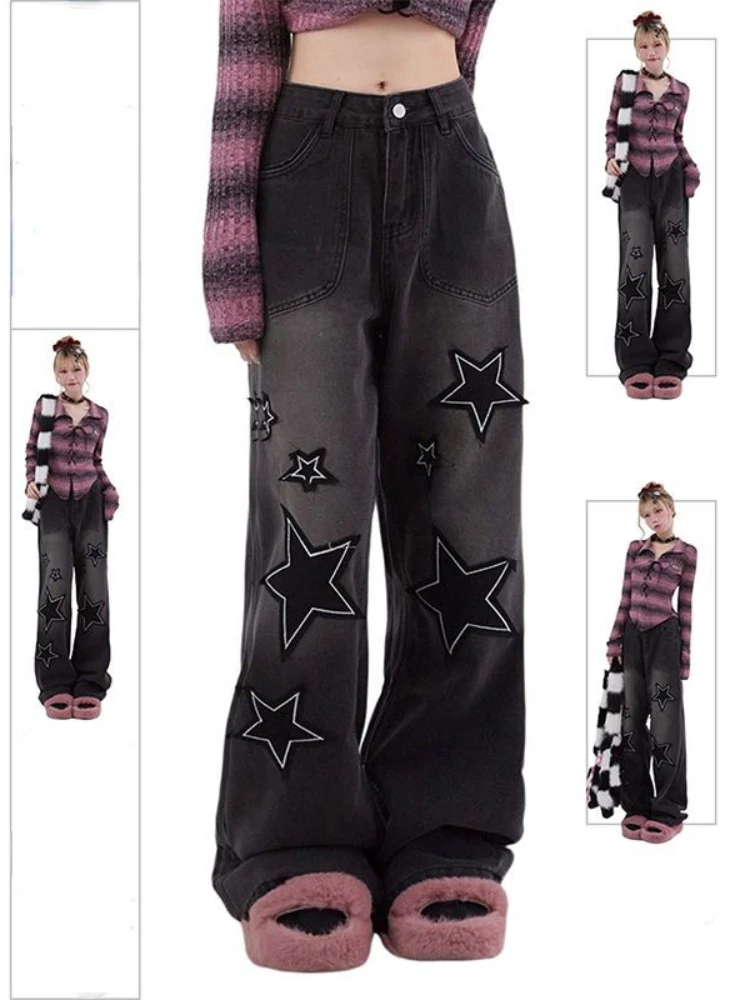 Deeptown Y2K Gothic Star Black Baggy Jeans Women Cyber Punk Retro 90s Streetwear Denim Pants Vintage Hippie Grunge Wide Trousers