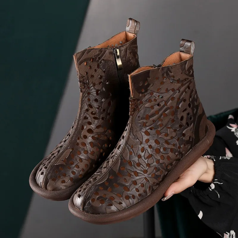 

Женские ажурные ботильоны Birkuir, оригинальные полусапожки в китайском стиле ретро из натуральной кожи на плоской подошве, роскошная обувь, ботинки на молнии