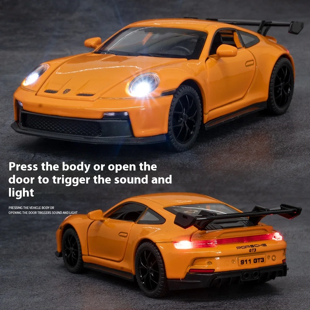 1:32 포르쉐 911 GT3 Supercar 합금 금속 다이캐스트 모델 자동차 사운드 및 라이트 어린이 장난감 어린이를위한 생일 선물 미니 GT 소년