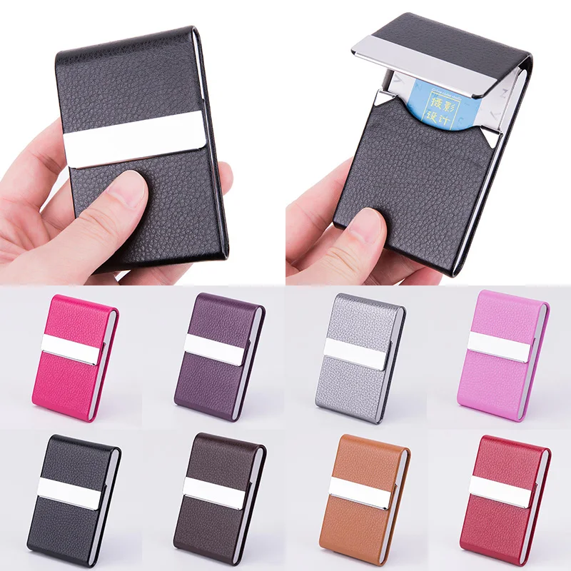 1 Pcs Simple PU Leather  Business Card Case Fashion Buckle Stainless Steel ID Case Office Supplies Gift Business Card Box