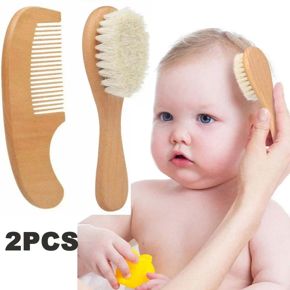 Baby Hair Comb 2pcs Baby Care Hair Brush Beech Soft Wool Wood Comb Newborn Massager Comb Baby Shower And Gift Sleeping Soothing Bedding