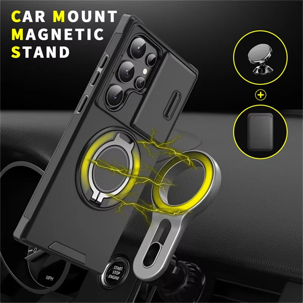 Magnetic Ring Stand Phone Case with Slide Camera Protection and Armor Cover