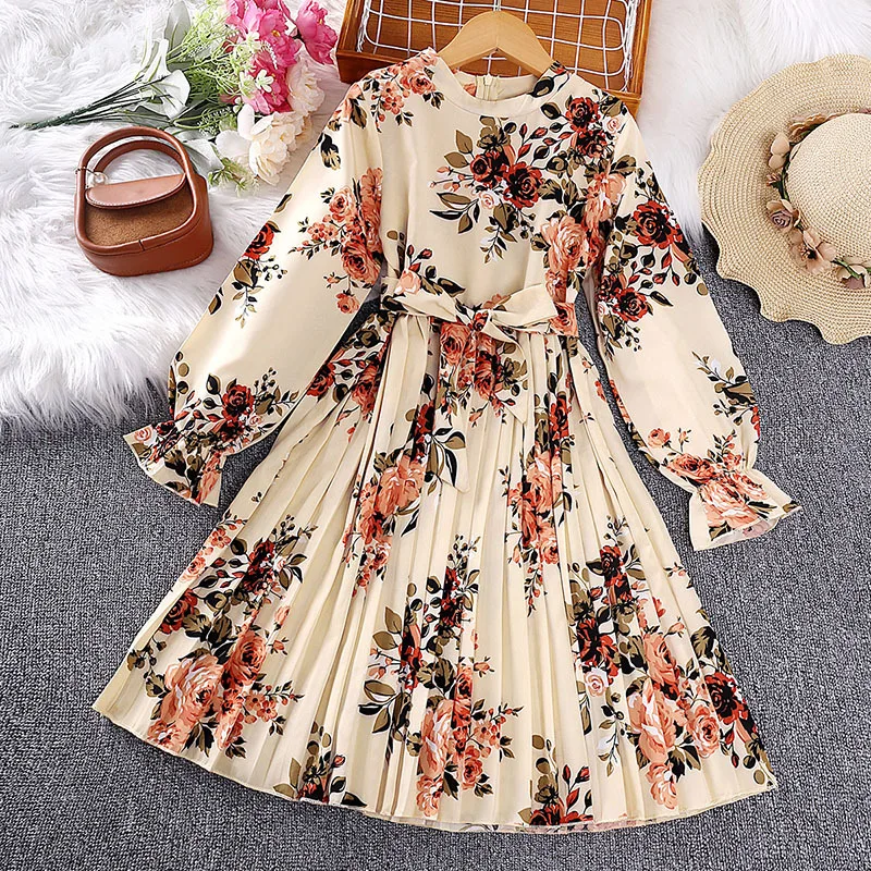 

European and American Style Girls' Flower Dress Children's 2023 Spring and Autumn New Retro Printed Elegant Kid's Pleated Skirt