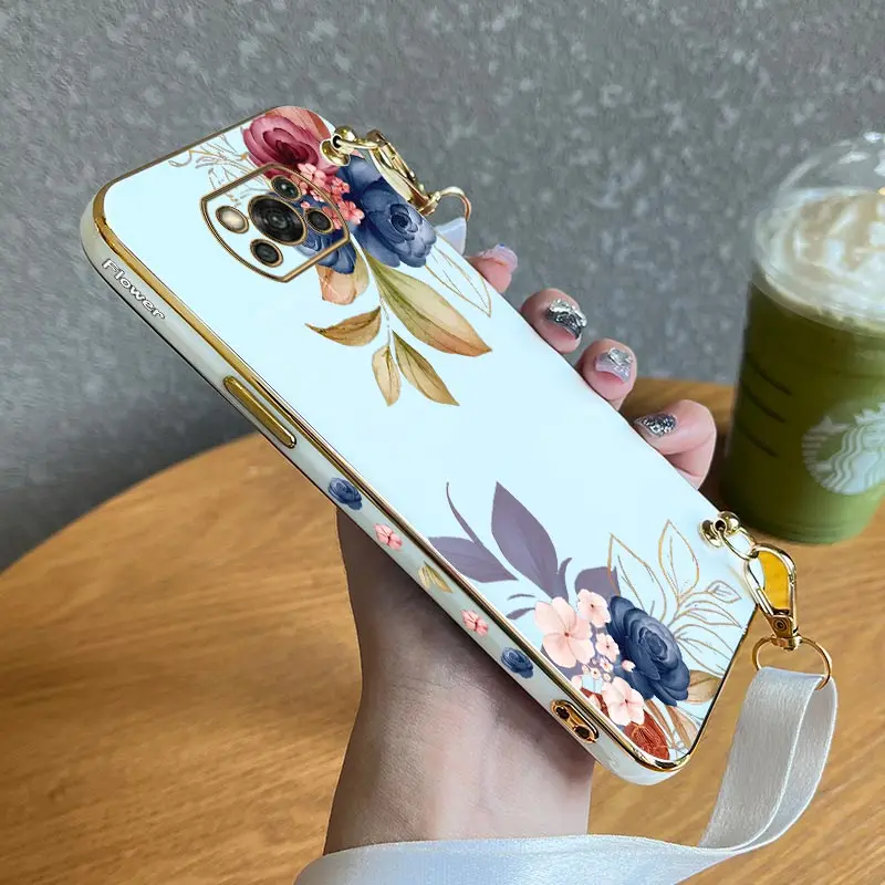 

Flamboyant Rose Lanyard Plating Phone Case For Xiaomi Poco M5 M4 Pro F4 X4 GT F4 GT X4 F3 X3 M3 X3 NFC X2 X3 Pro C40 Cover