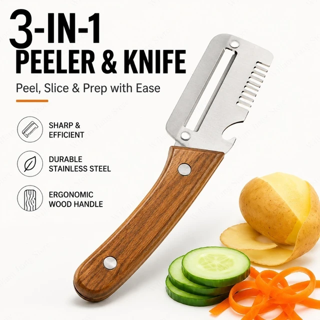 Ergonomic Wood Handle Fruit Vegetable Peeler Stainless Steel Paring Knife Multi Purpose Kitchen Tool for Home Restaurant Daily 2