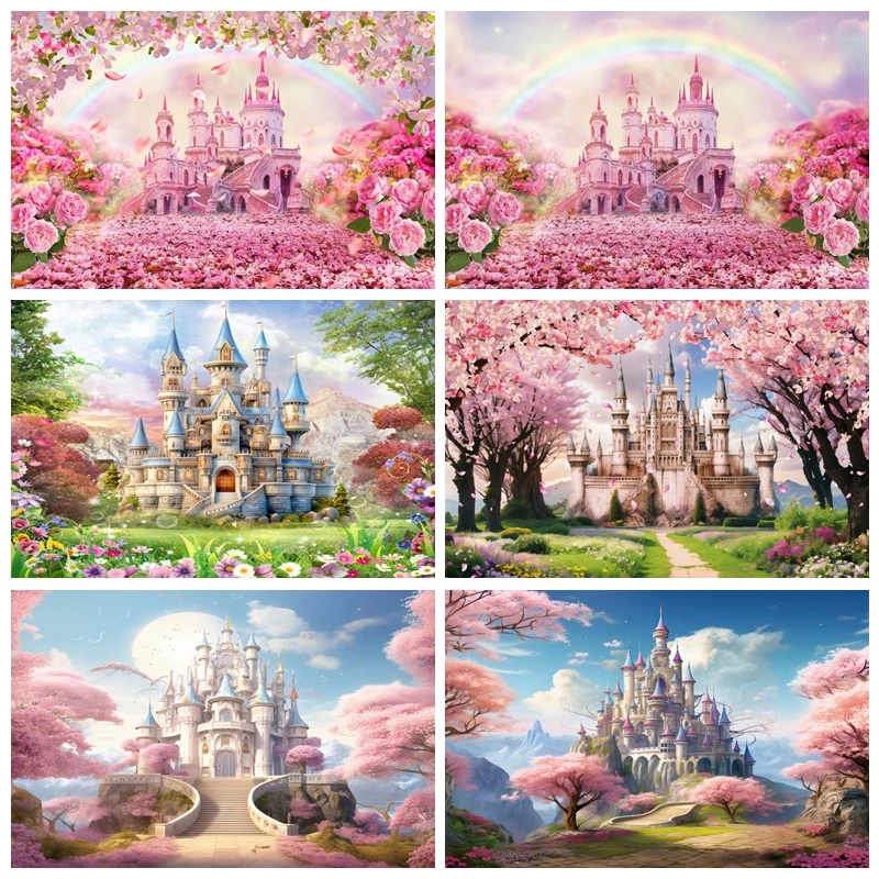 

Spring Dreamy Scene Castle Floral Forest Photography Backdrop Baby Birthday Wedding Party Decor Photo Background Studio Props