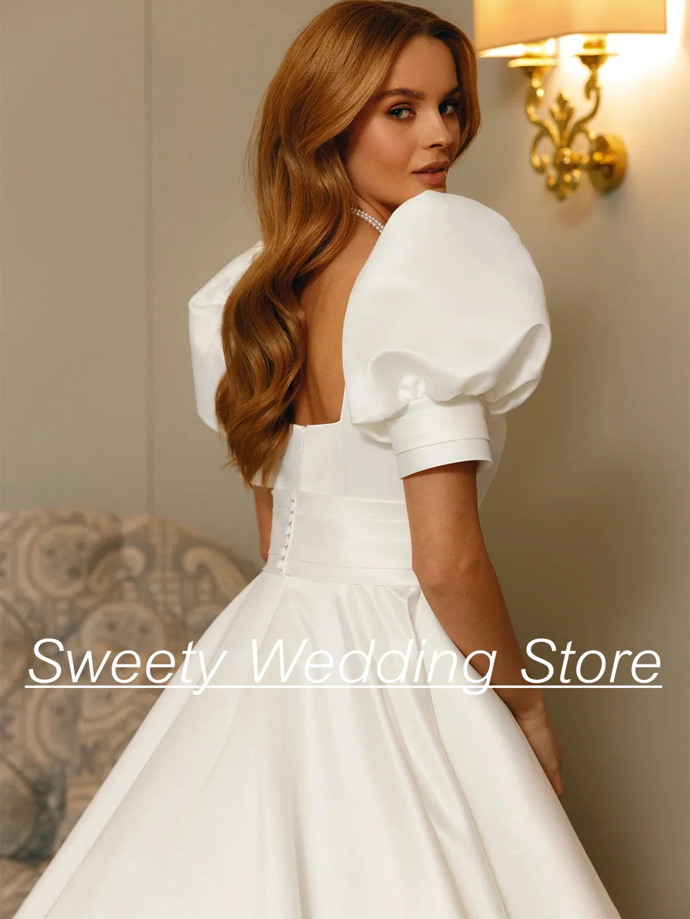 Princess Wedding Dresses Short Sleeves Square Neck Pleat Belt Pocket Bride Dress A Line Satin Bridal Gown Back Zipper Buttons 4