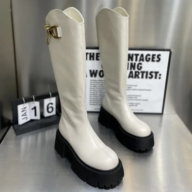 Flats Chain Chelsea Boots Women Knee High Platform Casual Shoes 2023 New Winter Fashion Chunky Gladiator Goth Motorcycle Botas