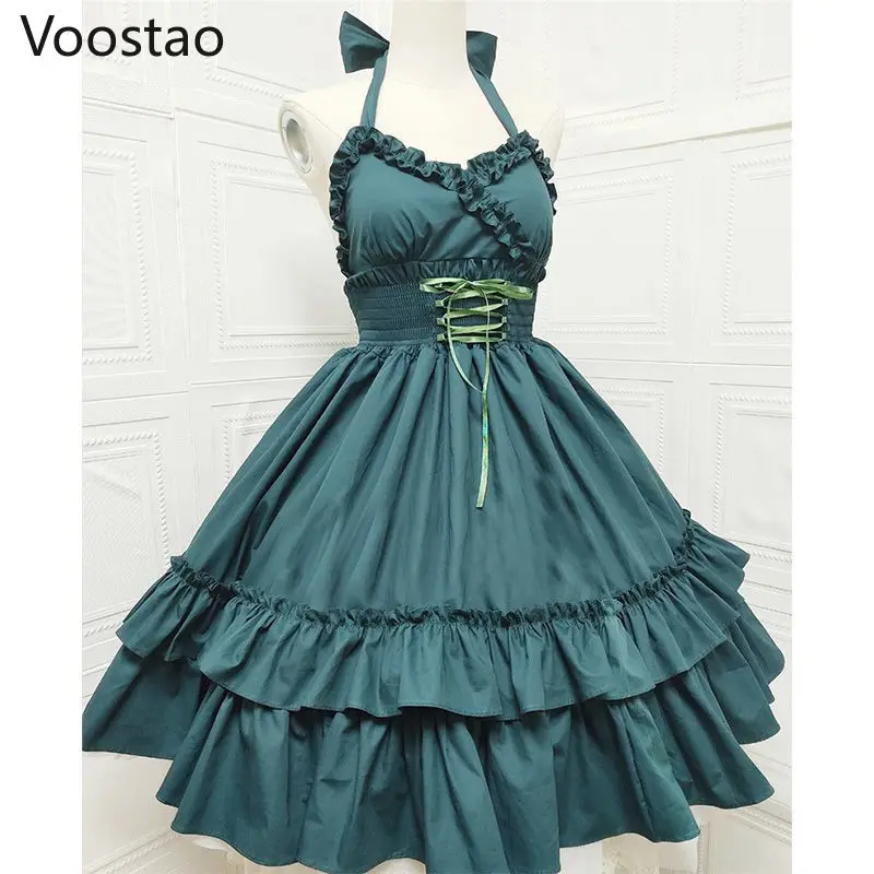 Vintage Lolita Jsk Dress Women Sweet Princess Dancing Party Slim Dresses Girly Cute Ruffles Halter Collar Wedding Dress