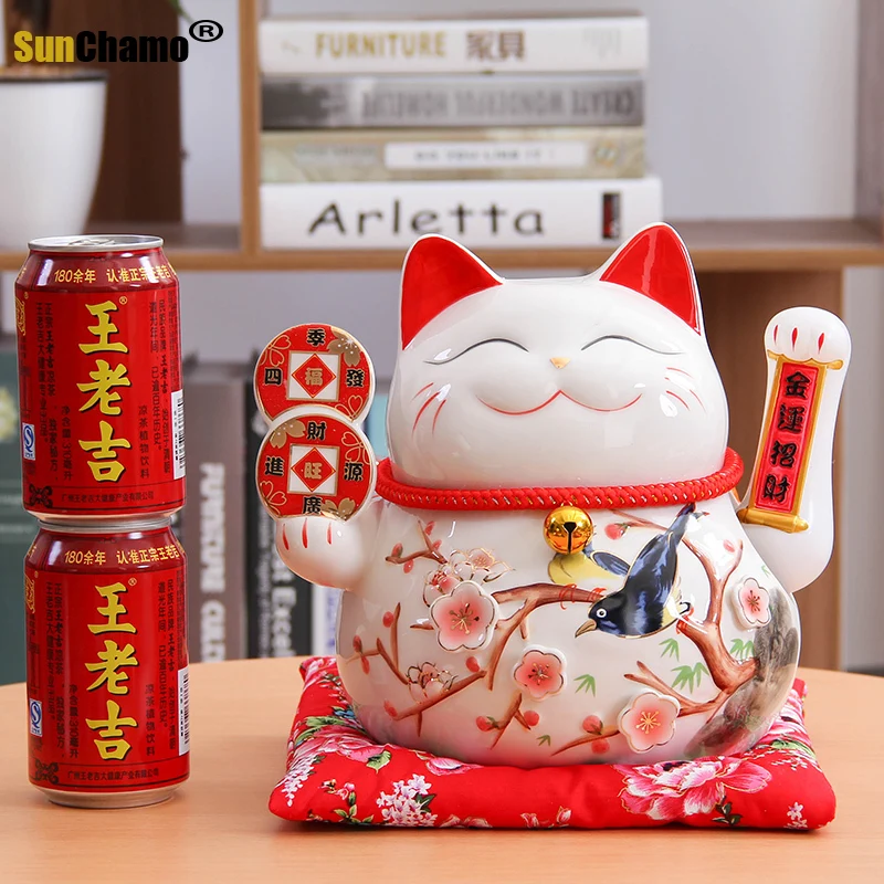 10 Pulgadas Gato Grande y ondeando, cerámica China Maneki Neko