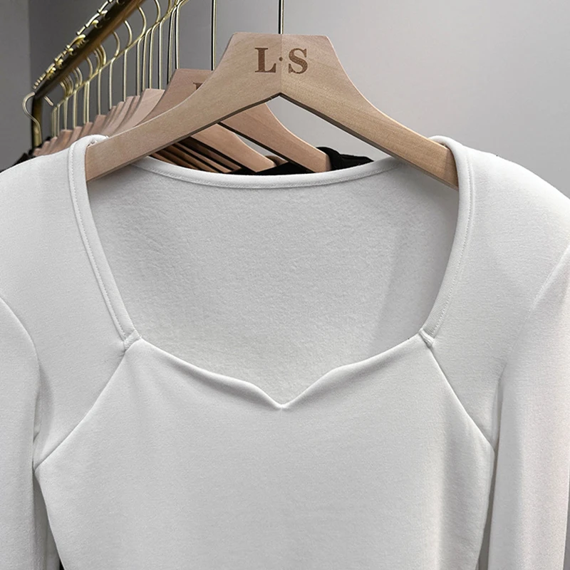 Autumn Winter Women Bottoming Shirts Intimates Long Sleeve Underwear Lady Undershirt Square Neck Plus Velvet Thermal Tops