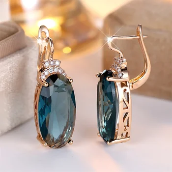 Big Oval Stone Blue Zircon Hoop Earrings For Women Vintage Fashion Gold Color Ear Buckle Wedding Jewelry Birthday Party Gifts