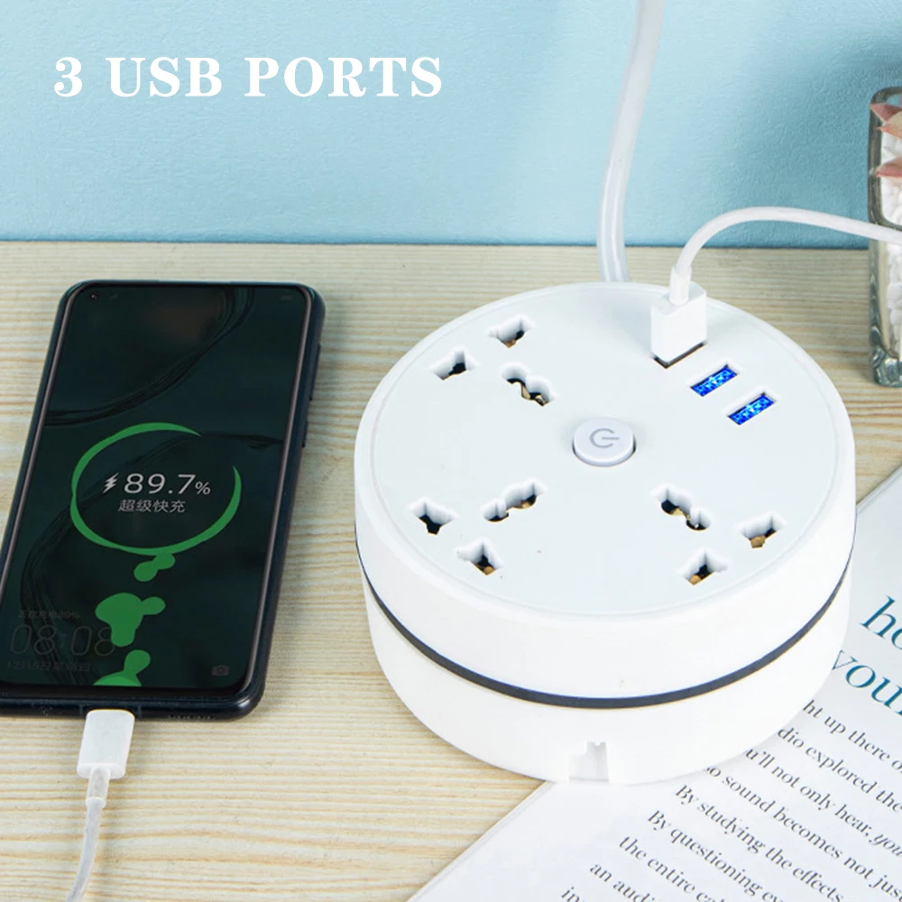 Multiprise universelle ronde portable, rallonge de prise, chargeur de  téléphone USB avec 3 câbles USB, maison intelligente, prise EU, US, UK, AU  - AliExpress
