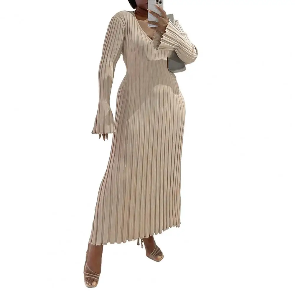 

Dress Autumn Winter V-neck Flared Long Sleeve Maxi Dress Waist Tight Loose Hem Ribbed Knitting Long Dress Party 원피스