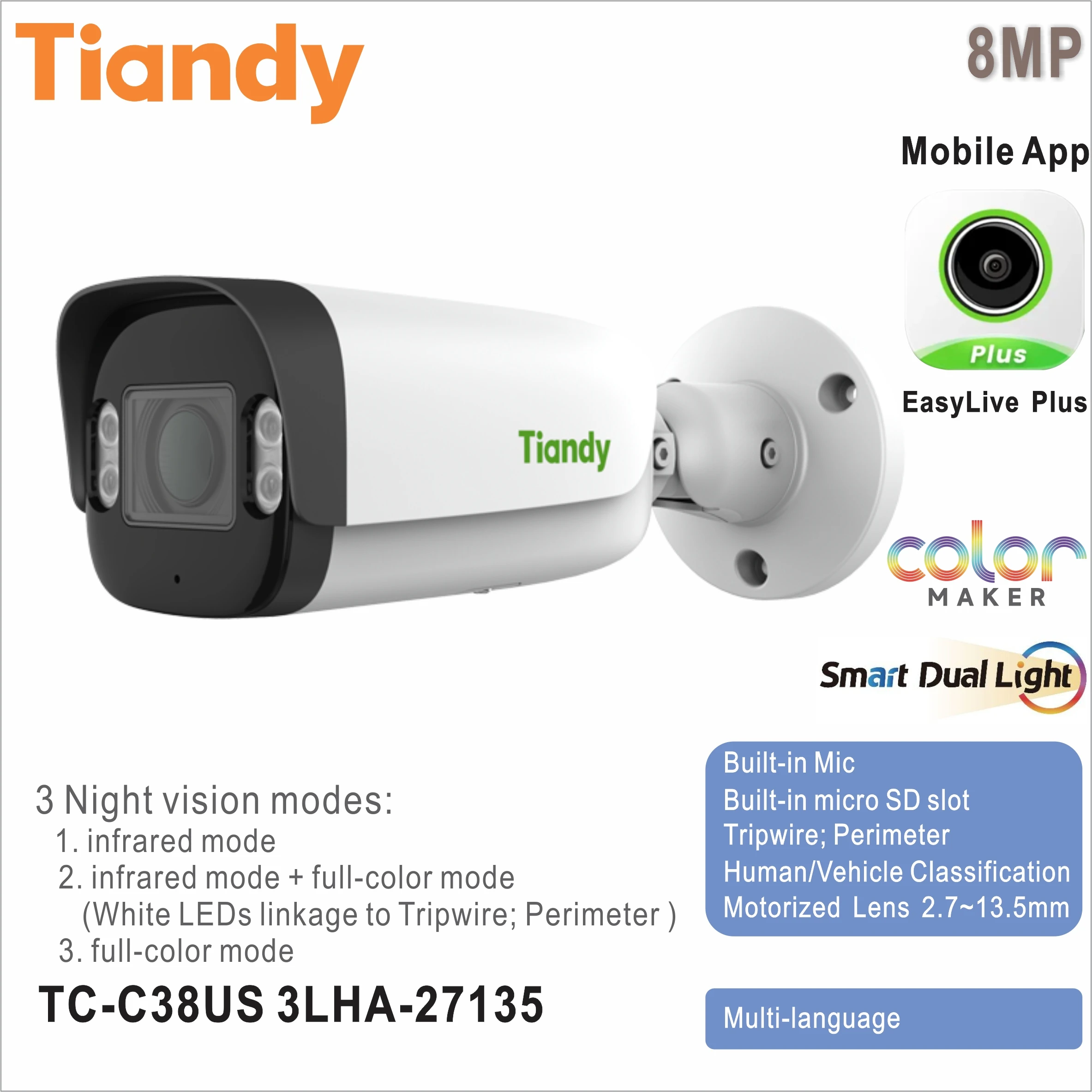 티앤디 TC-C38US 3LHA-27135 8MP 컬러 메이커 내장 마이크 스마트 ..