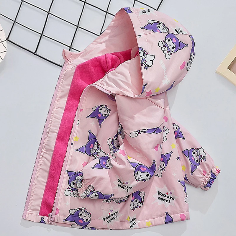 

Осенне-зимнее Детское пальто Kuromi Sanrio, повседневное мультяшное Новое вельветовое кавайное детское теплое вельветовое ветрозащитное пальто с капюшоном