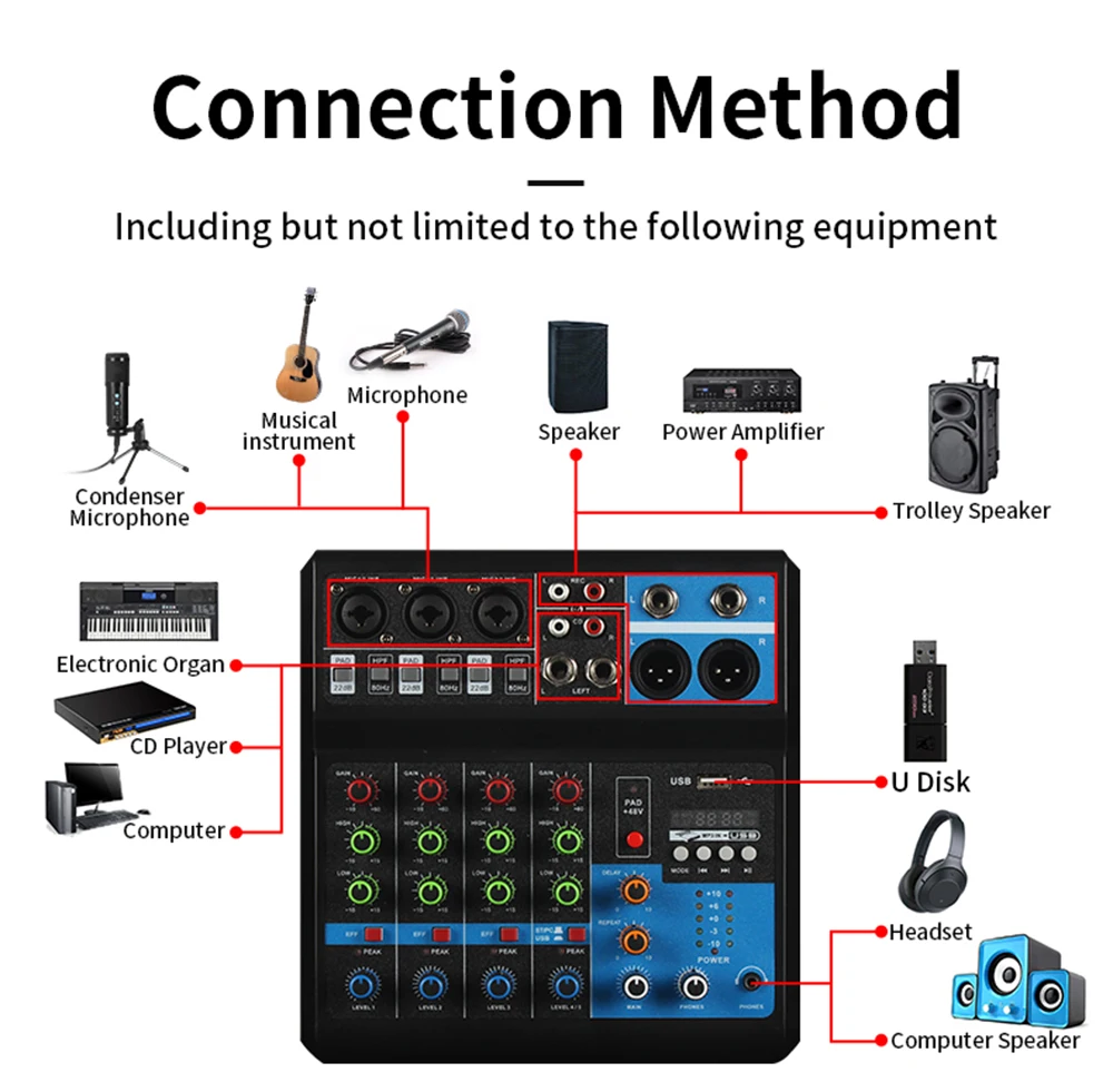 HD Audio 4 5 Channel Sound Mixer Professional Portable Console Computer Input 48v Power Live Broadcast A4 A5 audio mixer