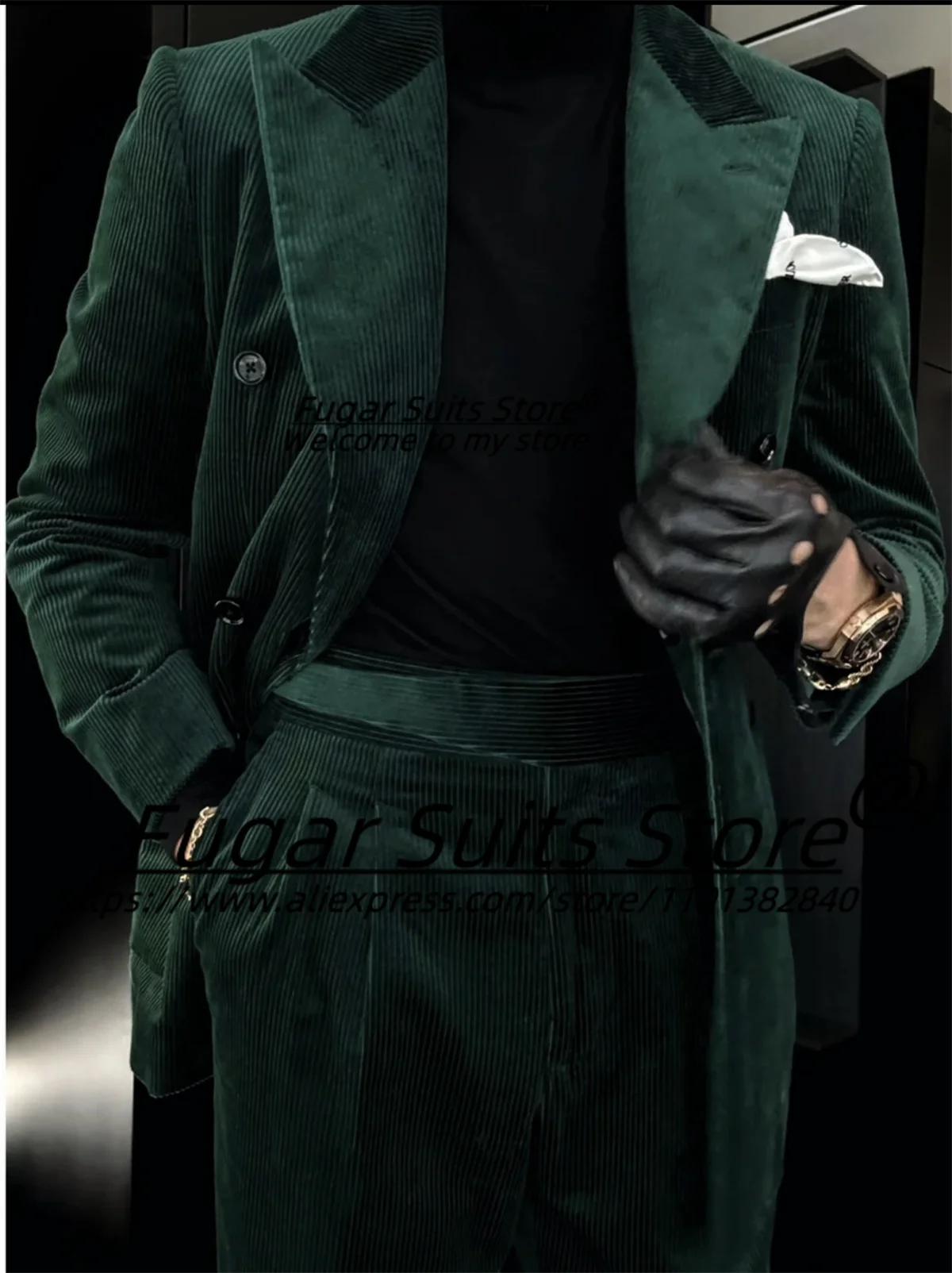 2024Tailor Made Green Corduroy Handsome Men Suits Slim Fit Peak Lapel Groom Tuxedos 2 Pcs Sets Classic Male Blazers Ropa Hombre