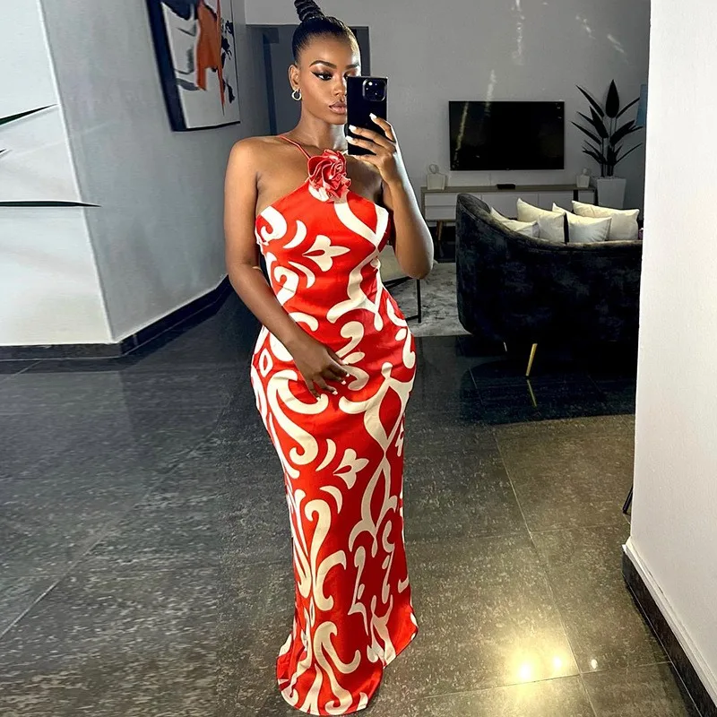 

Летнее платье, женский купальный костюм, накидка на бикини, Пляжное парео с принтом, сексуальный без рукавов, бретель через шею, из трех предметов, украшение для волос с цветами