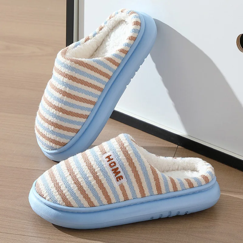 Soft Sole Striped Home Cotton Slippers Women Indoor Bedroom Non Slip Fluffy Slides Woman Fleece Lining Warm Plush Slippers