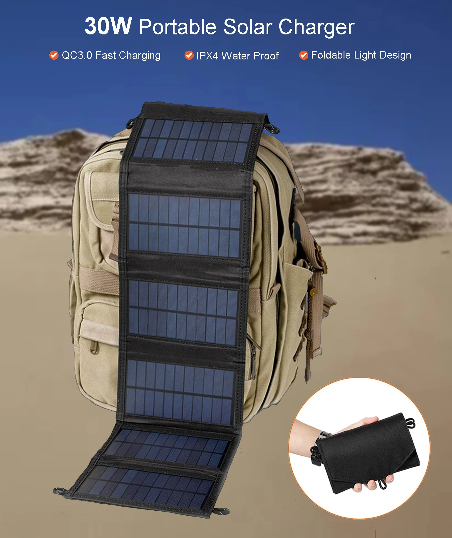 30WSolarChargerPortableSolarPanelChargerforCampingIPX4
