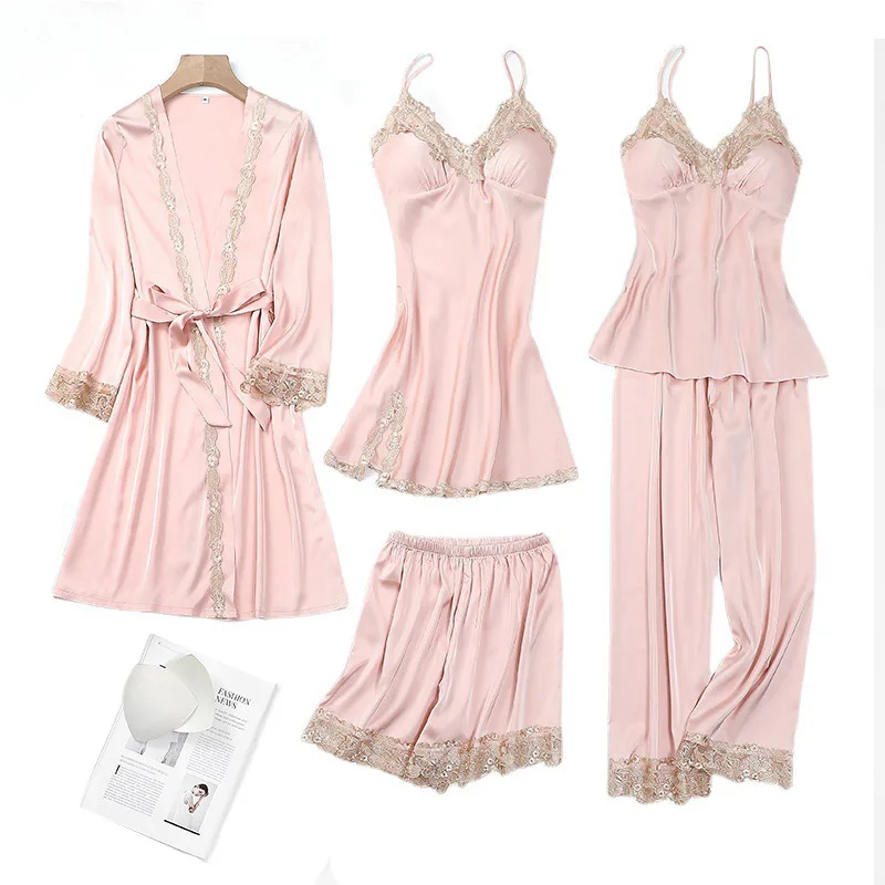 

2024 New Girls Silk Five Piece Set Home Clothing Spring and Autumn Sexy Suspender Pajamas Pajama Robes Sexy Five-piece Set