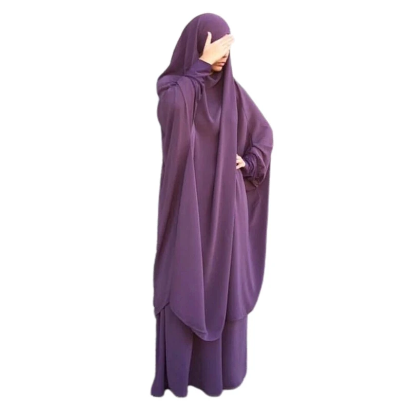 Womens 2 Pieces Muslim Prayer Dress Long Sleeve Hijab Scarf Khimar and Skirt Set Islamic Abaya Full Length Suit Ramadan Dropship
