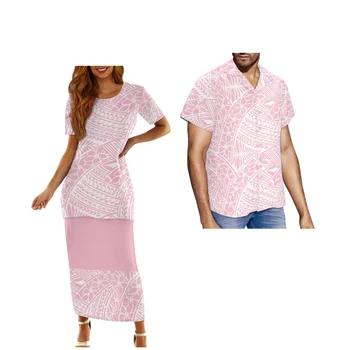 Crewneck Casual Puletasi Women's Long Dress Polynesian Ethnic Print Custom Pattern Summer Short Sleeve Men's Shirt Couple Set 1
