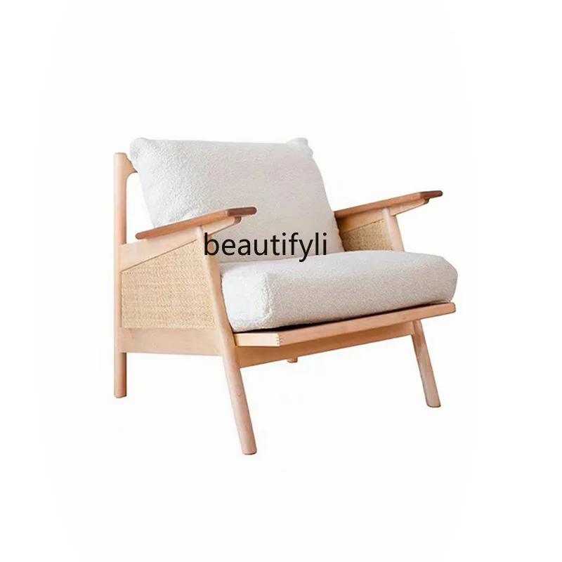 

Japanese Style Solid Wood Sofa Chair Adjustable Retro Living Room Solid Wood Single Sofa Balcony Leisure Armrest Rattan Chair