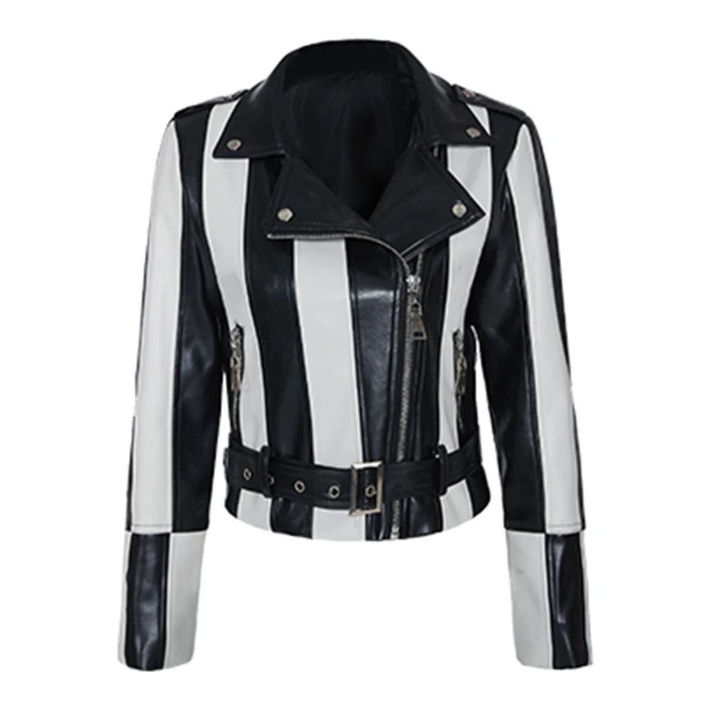 

Motorcycle Jacket Wear Resistant Punk Jacket Black And White Stripes Woman's Biker Coat PU Material Rock Jacket Rivet S-XXL