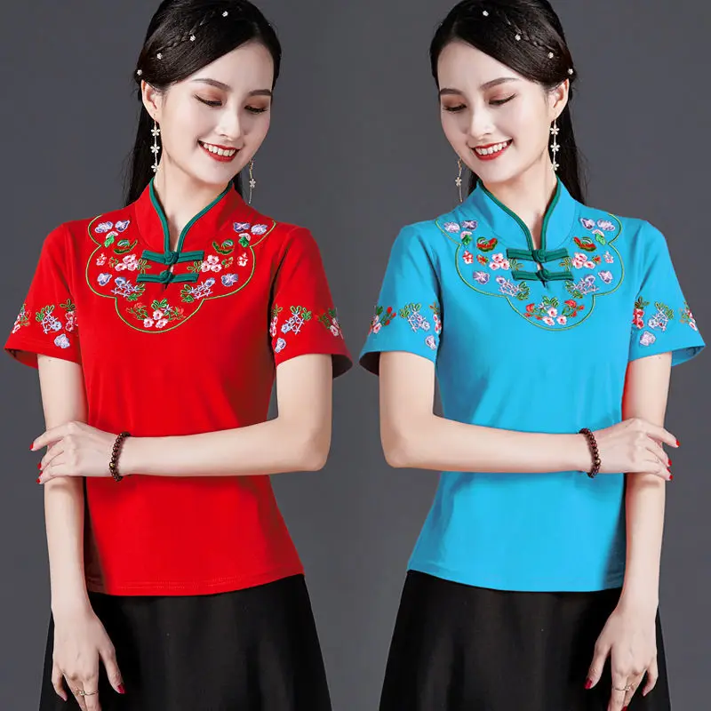Women Chinese Style Vintage Floral Print Qipao Tops Hanfu Tee Shirt